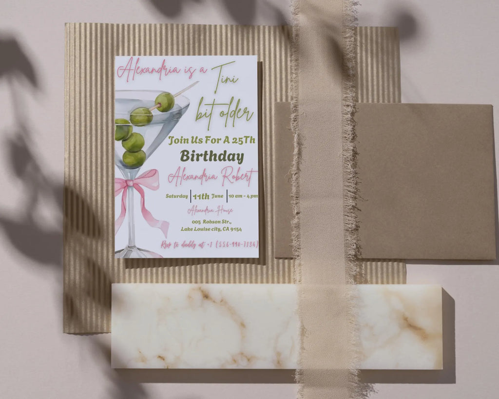 A Tini Bit Older Birthday Party Invitation| Coquette Dirty Thirty| EDITABLE Pink Bow Martini Themed Birthday Tini Invite| Editable Template