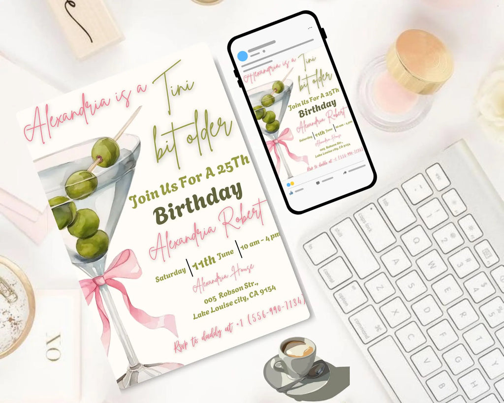 A Tini Bit Older Birthday Party Invitation| Coquette Dirty Thirty| EDITABLE Pink Bow Martini Themed Birthday Tini Invite| Editable Template