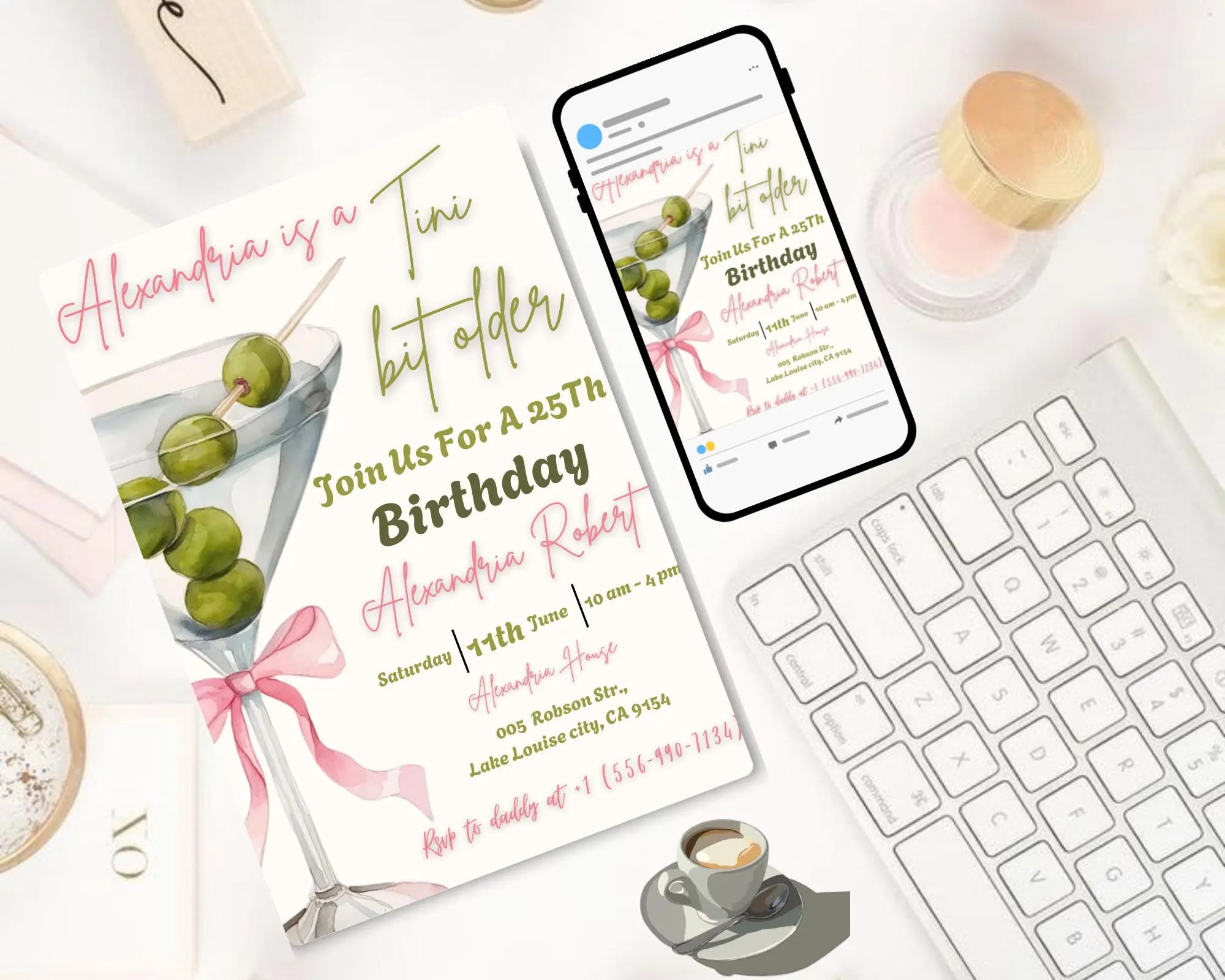 A Tini Bit Older Birthday Party Invitation| Coquette Dirty Thirty| EDITABLE Pink Bow Martini Themed Birthday Tini Invite| Editable Template