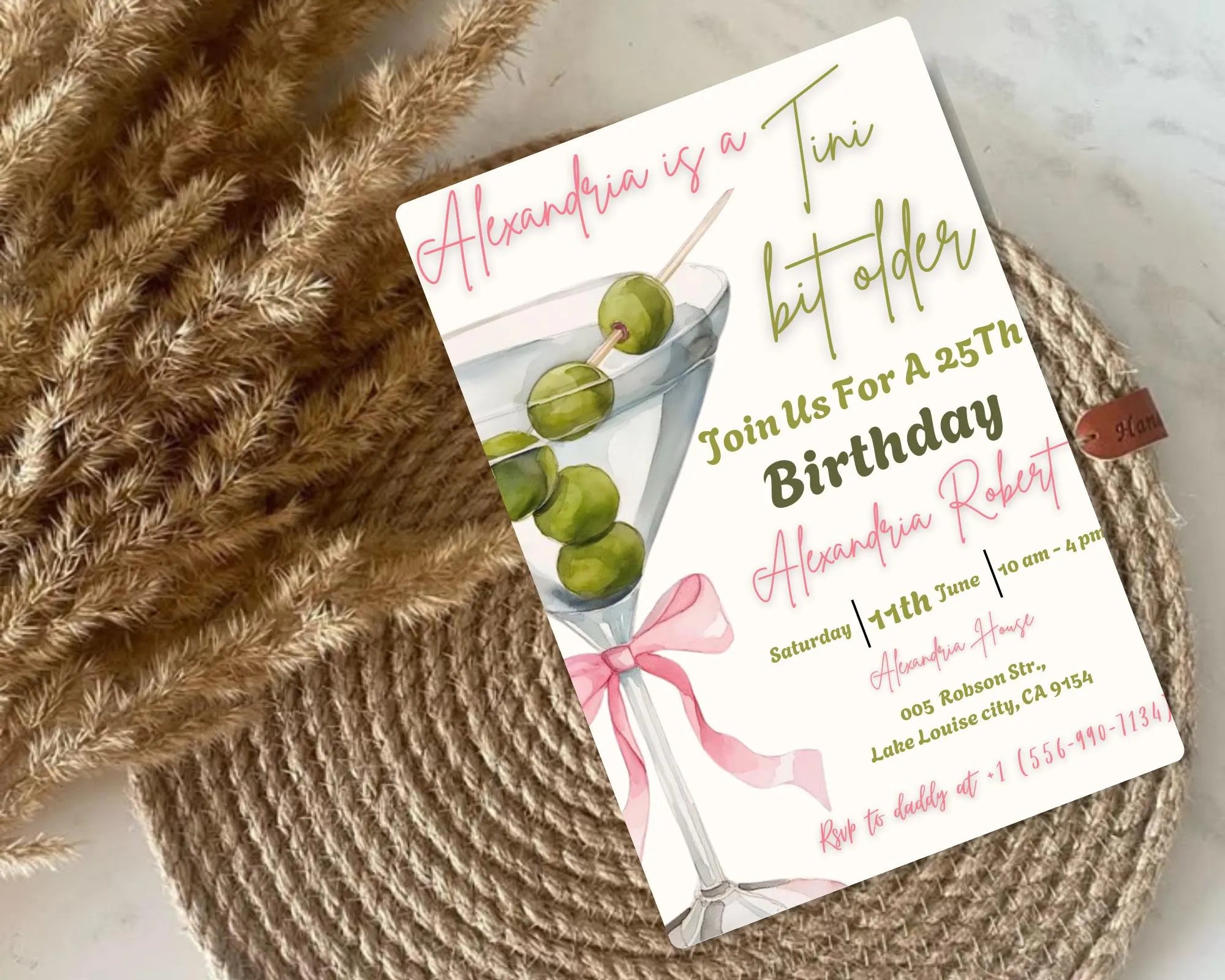 A Tini Bit Older Birthday Party Invitation| Coquette Dirty Thirty| EDITABLE Pink Bow Martini Themed Birthday Tini Invite| Editable Template