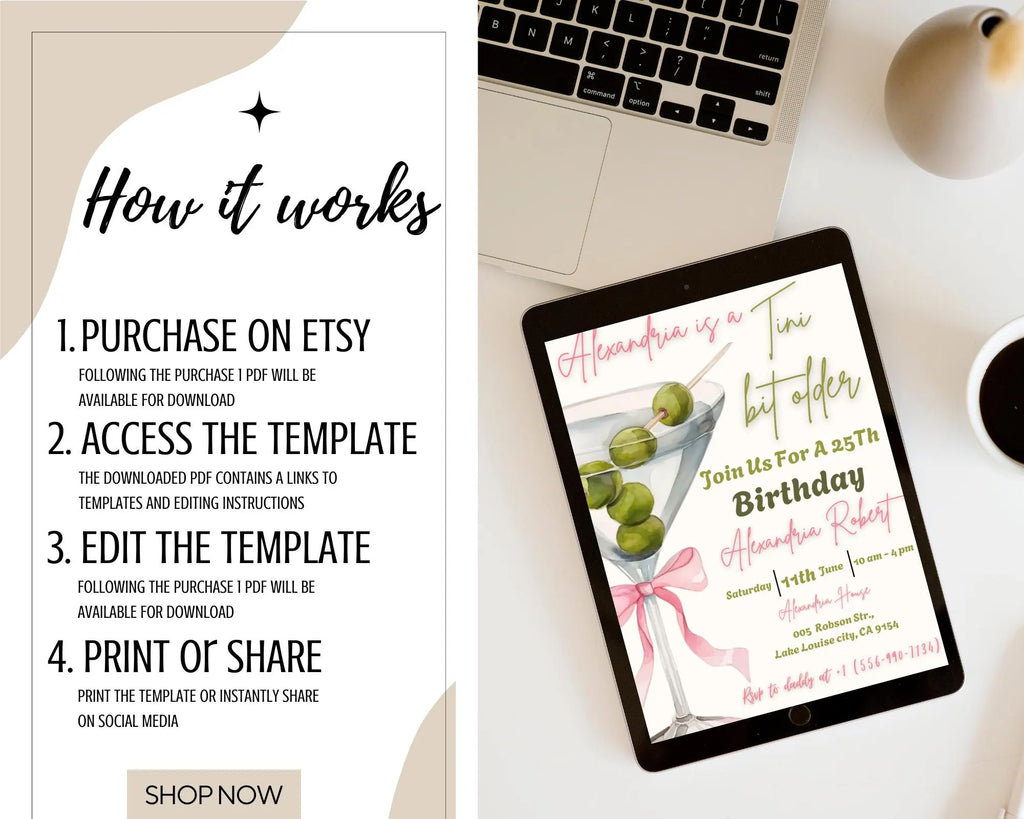 A Tini Bit Older Birthday Party Invitation| Coquette Dirty Thirty| EDITABLE Pink Bow Martini Themed Birthday Tini Invite| Editable Template