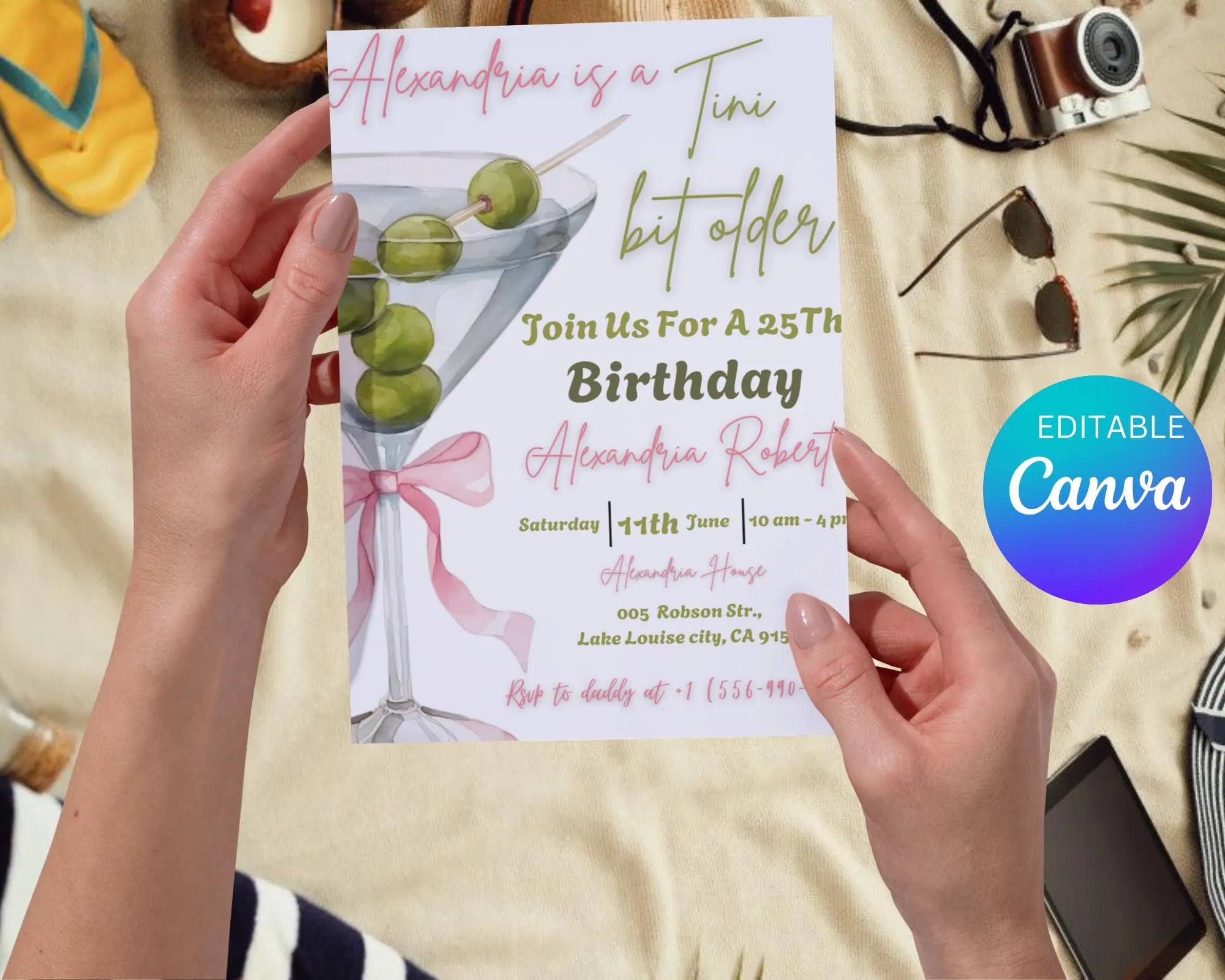 A Tini Bit Older Birthday Party Invitation| Coquette Dirty Thirty| EDITABLE Pink Bow Martini Themed Birthday Tini Invite| Editable Template