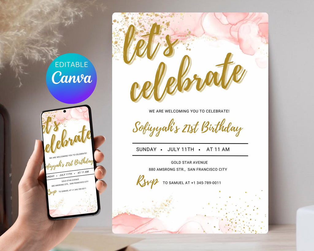 Blush Pink Let's Celebrate Invitation| Party Any Age Gold Glittery| Pink Gold Birthday Party Invite| Birthday Party Evite| Editable Template