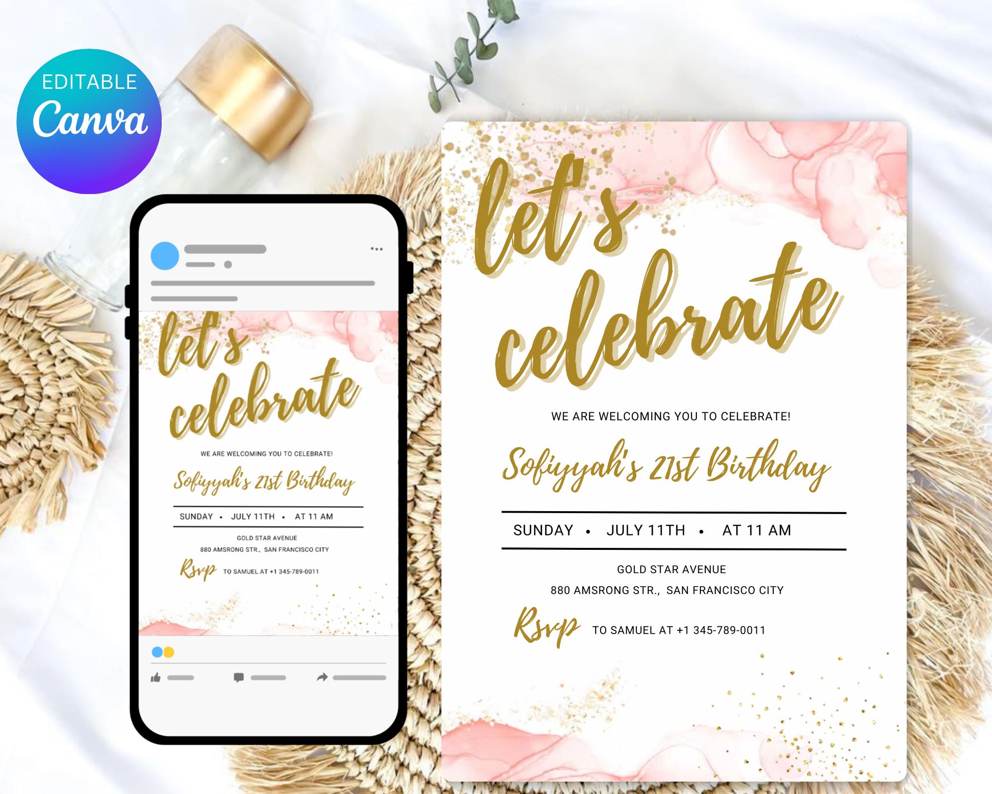 Blush Pink Let's Celebrate Invitation| Party Any Age Gold Glittery| Pink Gold Birthday Party Invite| Birthday Party Evite| Editable Template