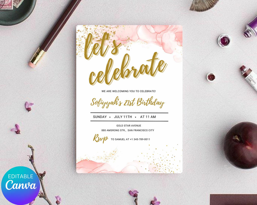Blush Pink Let's Celebrate Invitation| Party Any Age Gold Glittery| Pink Gold Birthday Party Invite| Birthday Party Evite| Editable Template