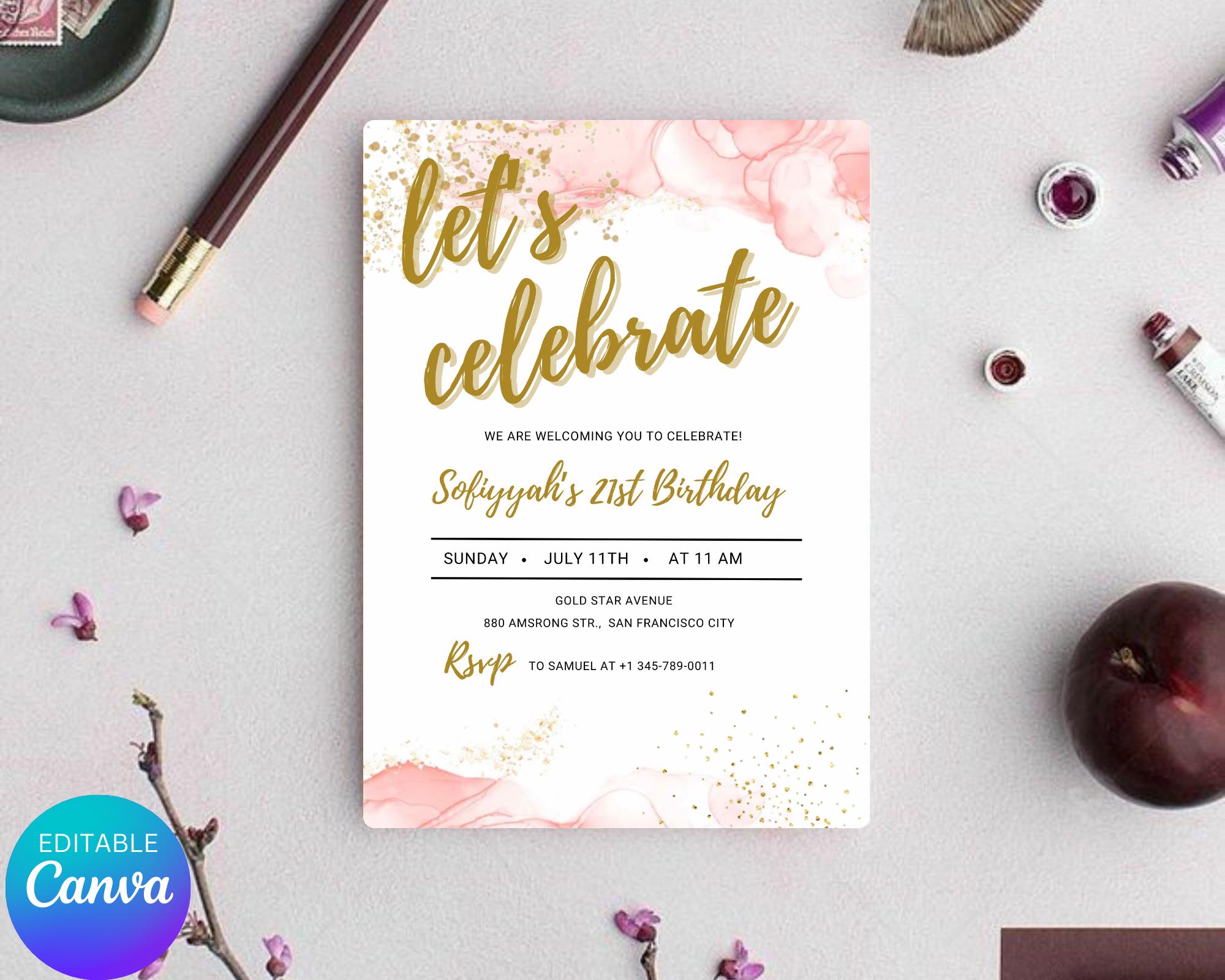 Blush Pink Let's Celebrate Invitation| Party Any Age Gold Glittery| Pink Gold Birthday Party Invite| Birthday Party Evite| Editable Template