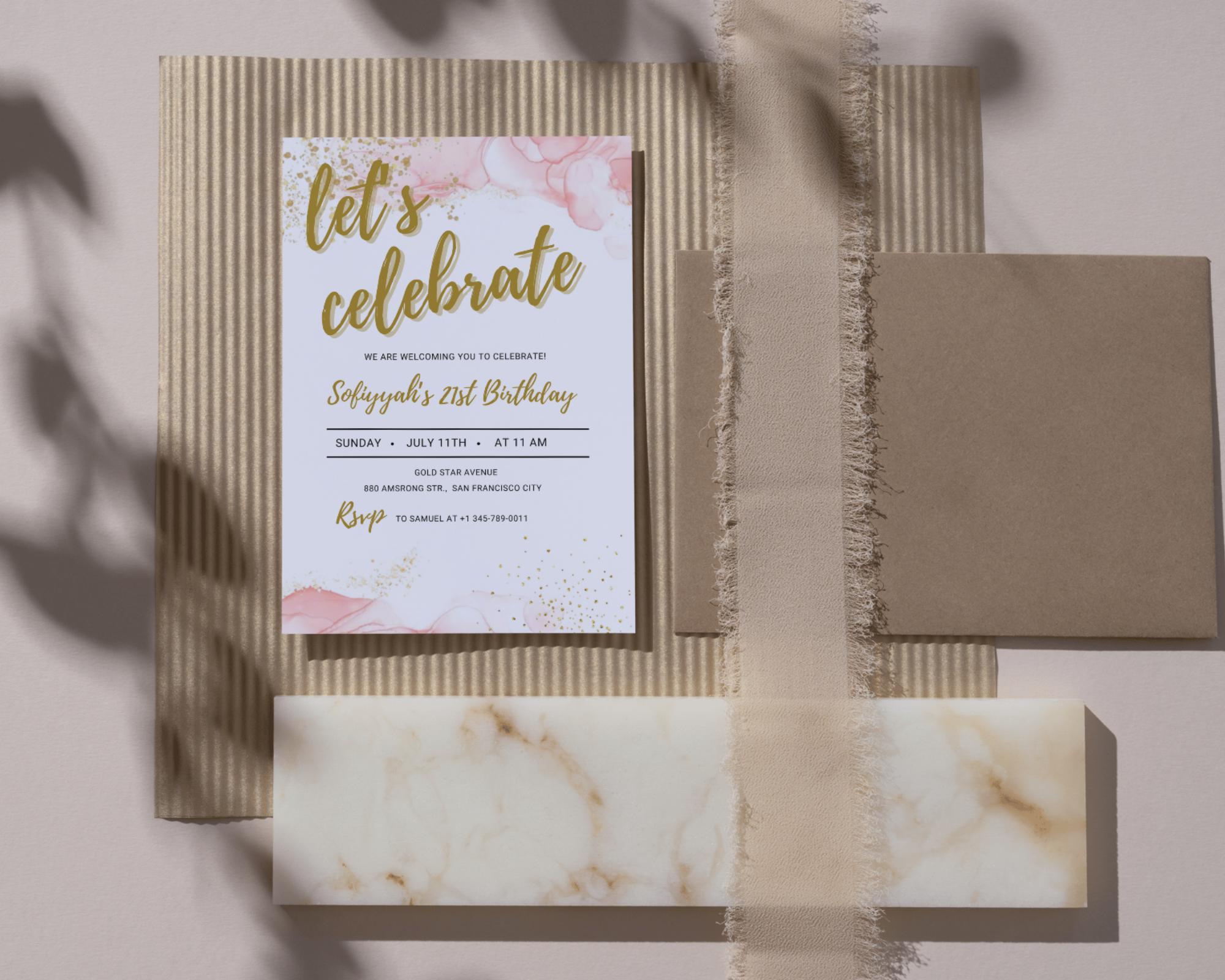 Blush Pink Let's Celebrate Invitation| Party Any Age Gold Glittery| Pink Gold Birthday Party Invite| Birthday Party Evite| Editable Template