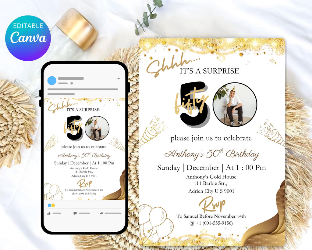 Surprise 50th Birthday Invitation| Digital Download| For Men or Women| Photo Adult Birthday Invite| Shhh It's a surprise| Editable Template