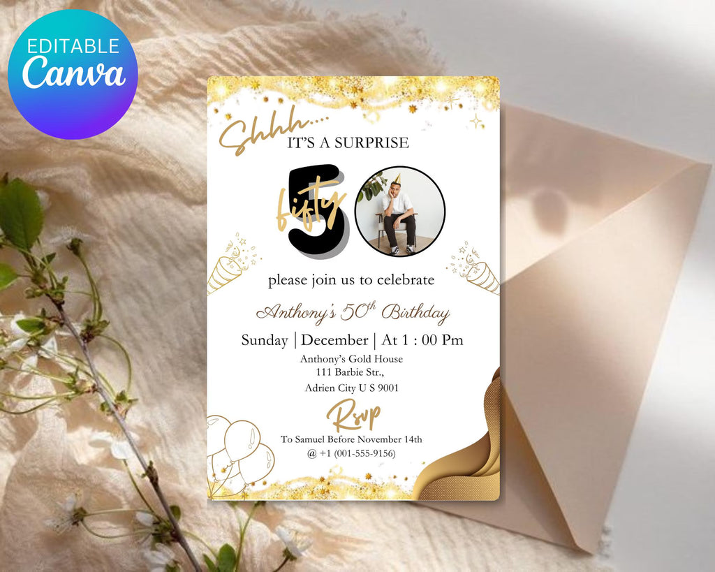 Surprise 50th Birthday Invitation| Digital Download| For Men or Women| Photo Adult Birthday Invite| Shhh It's a surprise| Editable Template