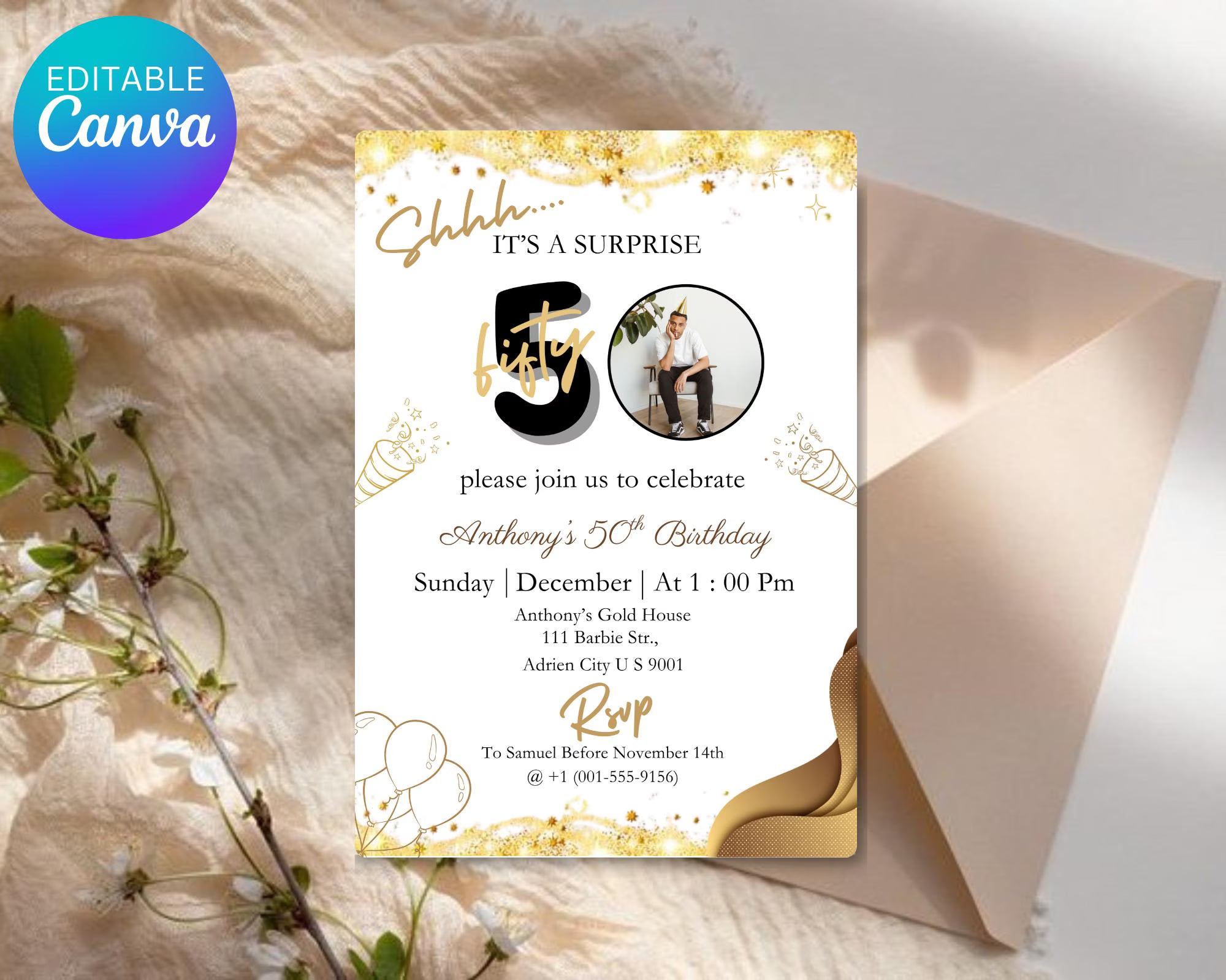 Surprise 50th Birthday Invitation| Digital Download| For Men or Women| Photo Adult Birthday Invite| Shhh It's a surprise| Editable Template