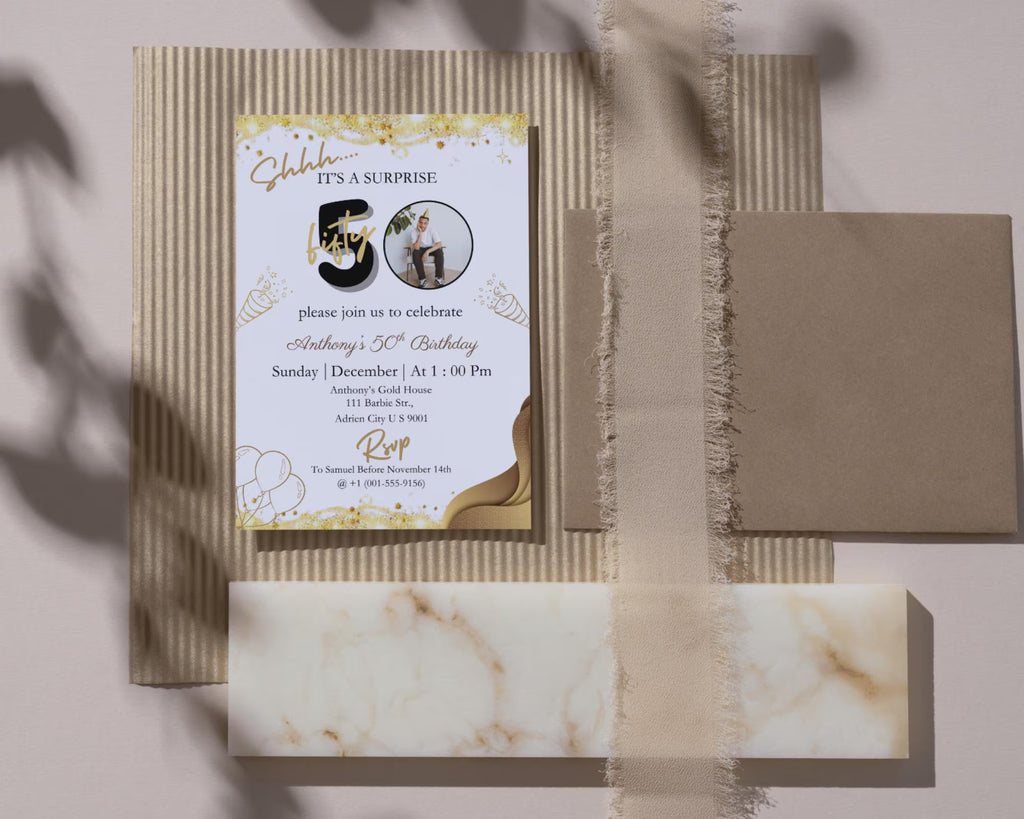 Surprise 50th Birthday Invitation| Digital Download| For Men or Women| Photo Adult Birthday Invite| Shhh It's a surprise| Editable Template