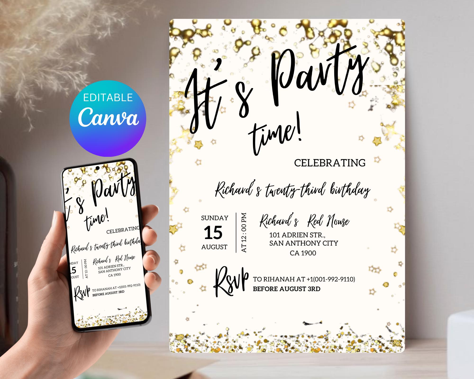 Adult Party Time Birthday Invitation| Adult Milestone Birthday Party Invitation| Minimalist| Black Gold Adult Invitation| Editable Template