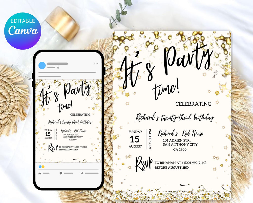 Adult Party Time Birthday Invitation| Adult Milestone Birthday Party Invitation| Minimalist| Black Gold Adult Invitation| Editable Template