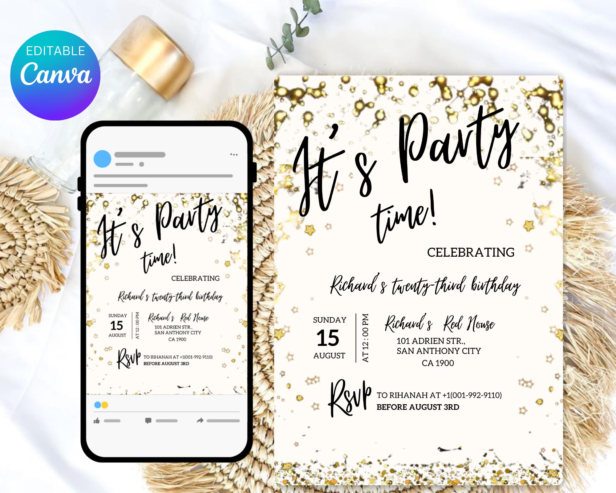 Adult Party Time Birthday Invitation| Adult Milestone Birthday Party Invitation| Minimalist| Black Gold Adult Invitation| Editable Template