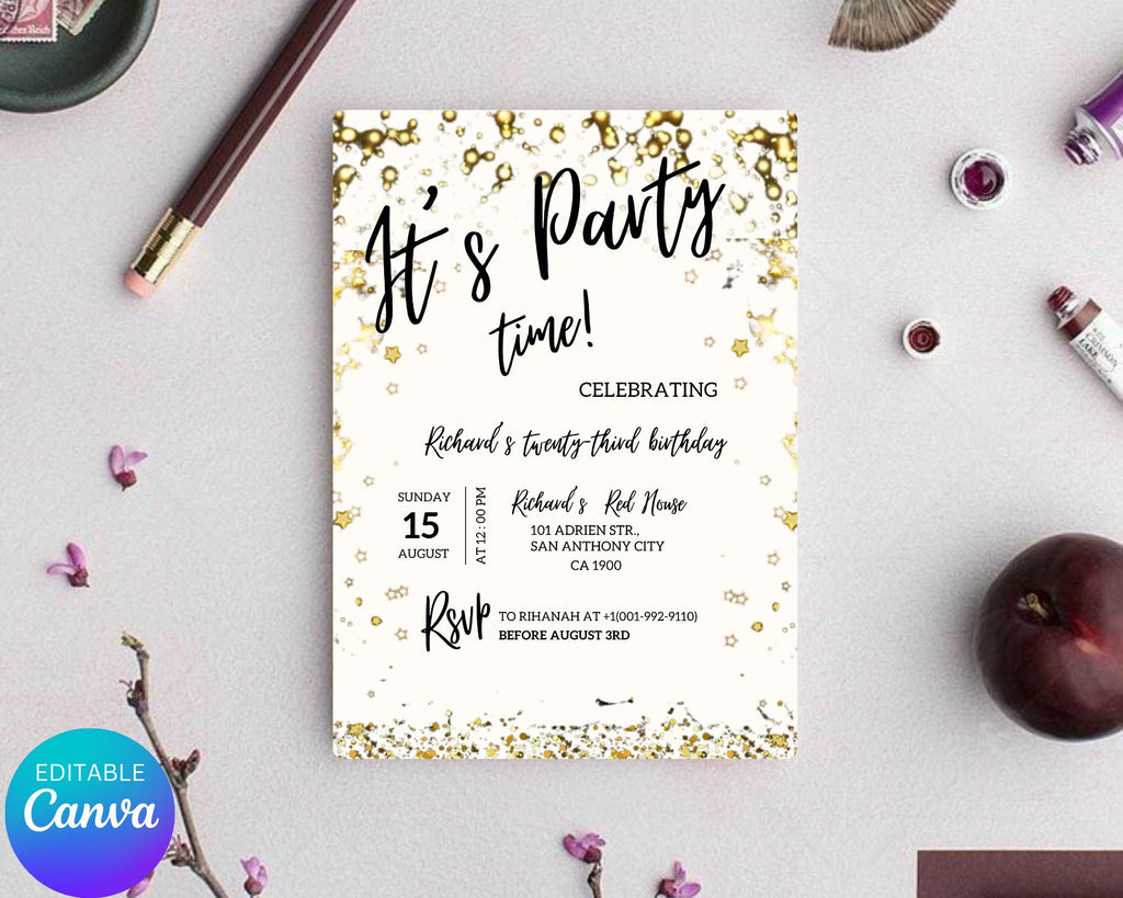 Adult Party Time Birthday Invitation| Adult Milestone Birthday Party Invitation| Minimalist| Black Gold Adult Invitation| Editable Template