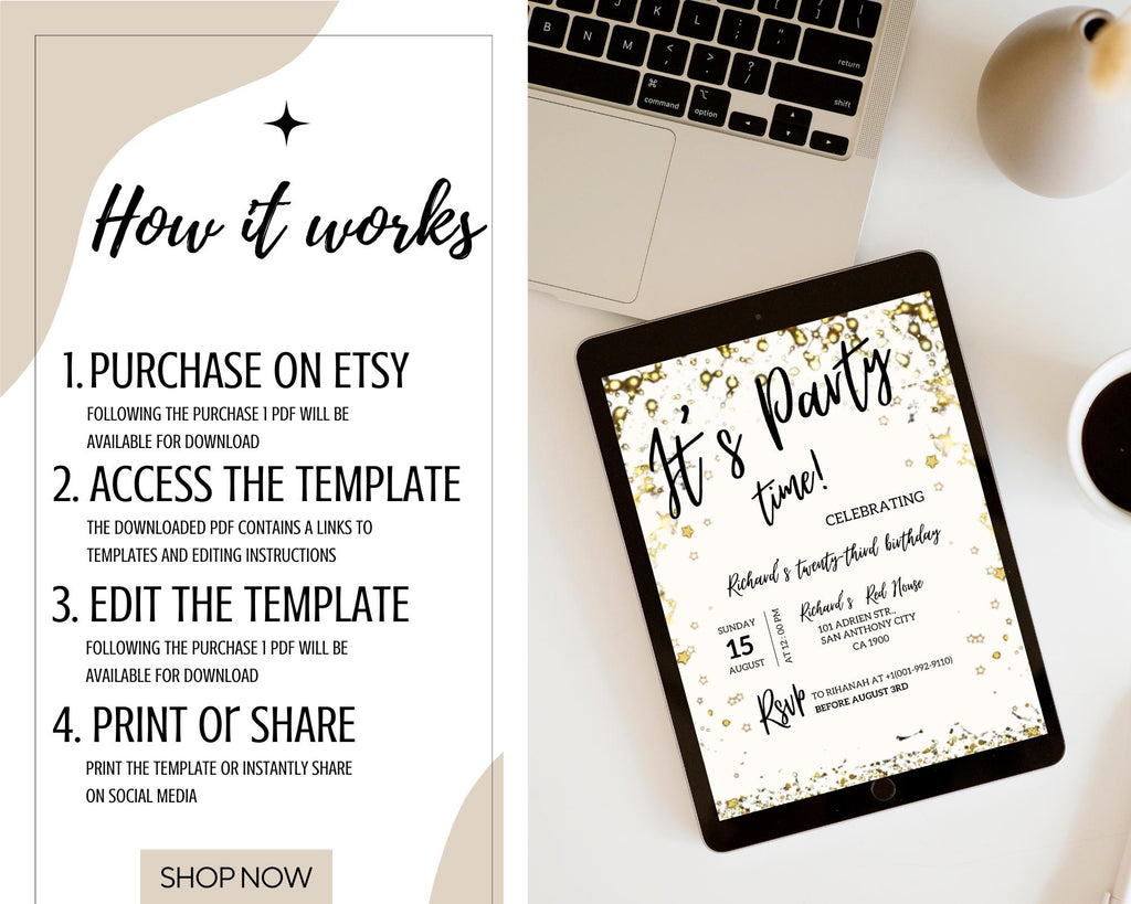 Adult Party Time Birthday Invitation| Adult Milestone Birthday Party Invitation| Minimalist| Black Gold Adult Invitation| Editable Template