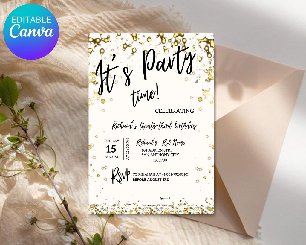 Adult Party Time Birthday Invitation| Adult Milestone Birthday Party Invitation| Minimalist| Black Gold Adult Invitation| Editable Template