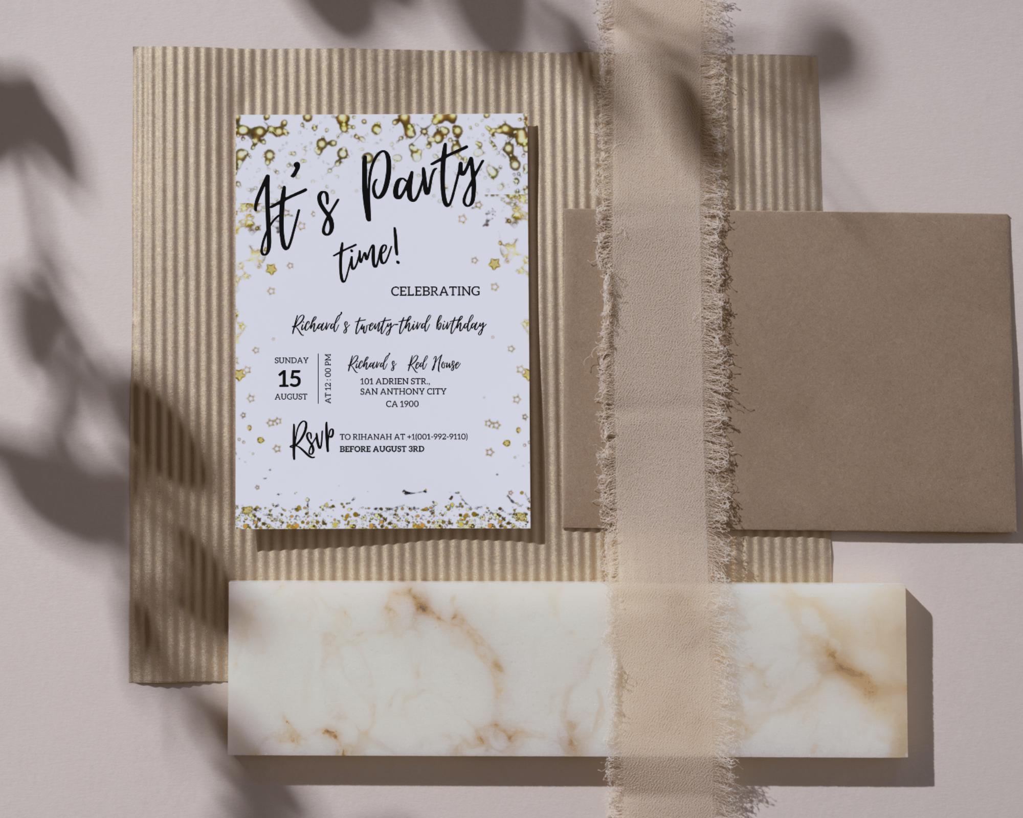 Adult Party Time Birthday Invitation| Adult Milestone Birthday Party Invitation| Minimalist| Black Gold Adult Invitation| Editable Template