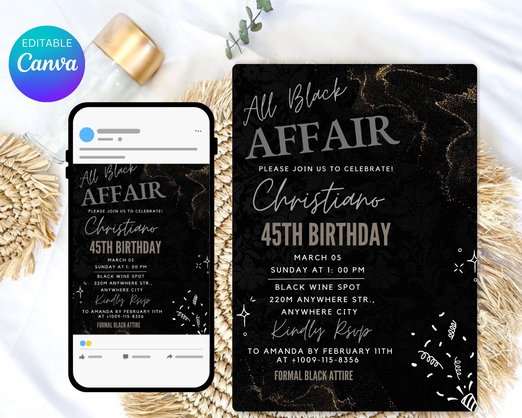 All Black Affair Invitation| All Black Adult Party Invitation|  Black Tie| Formal Attire| Black Minimalist Party Invite| Editable Template