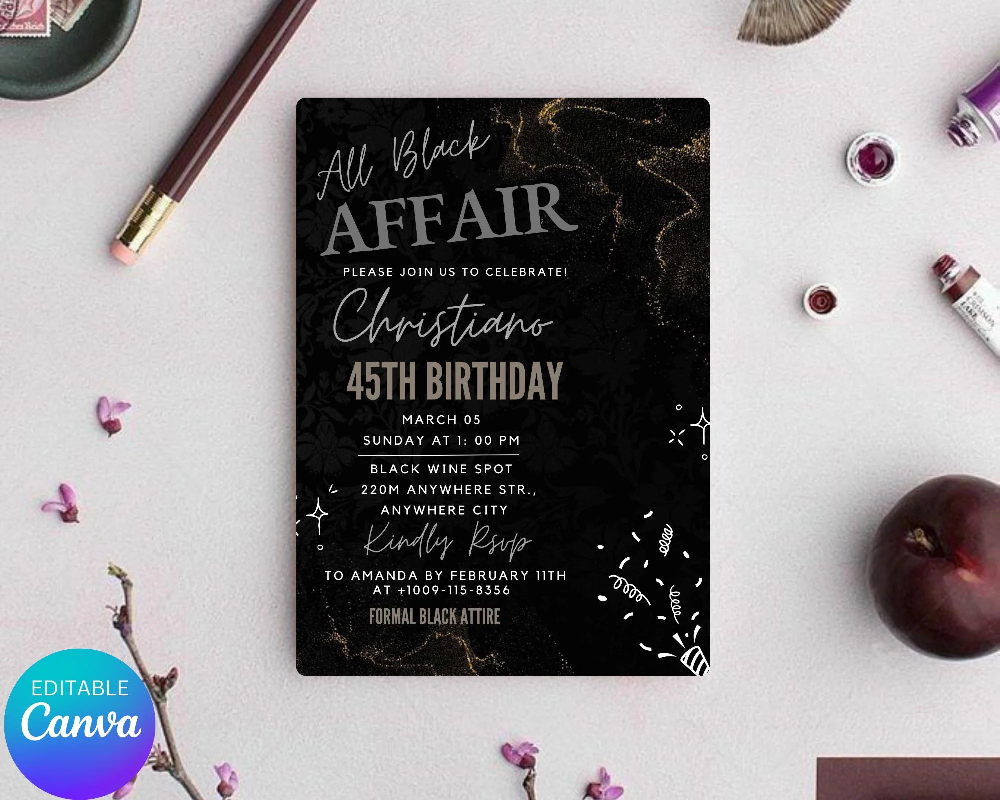All Black Affair Invitation| All Black Adult Party Invitation|  Black Tie| Formal Attire| Black Minimalist Party Invite| Editable Template