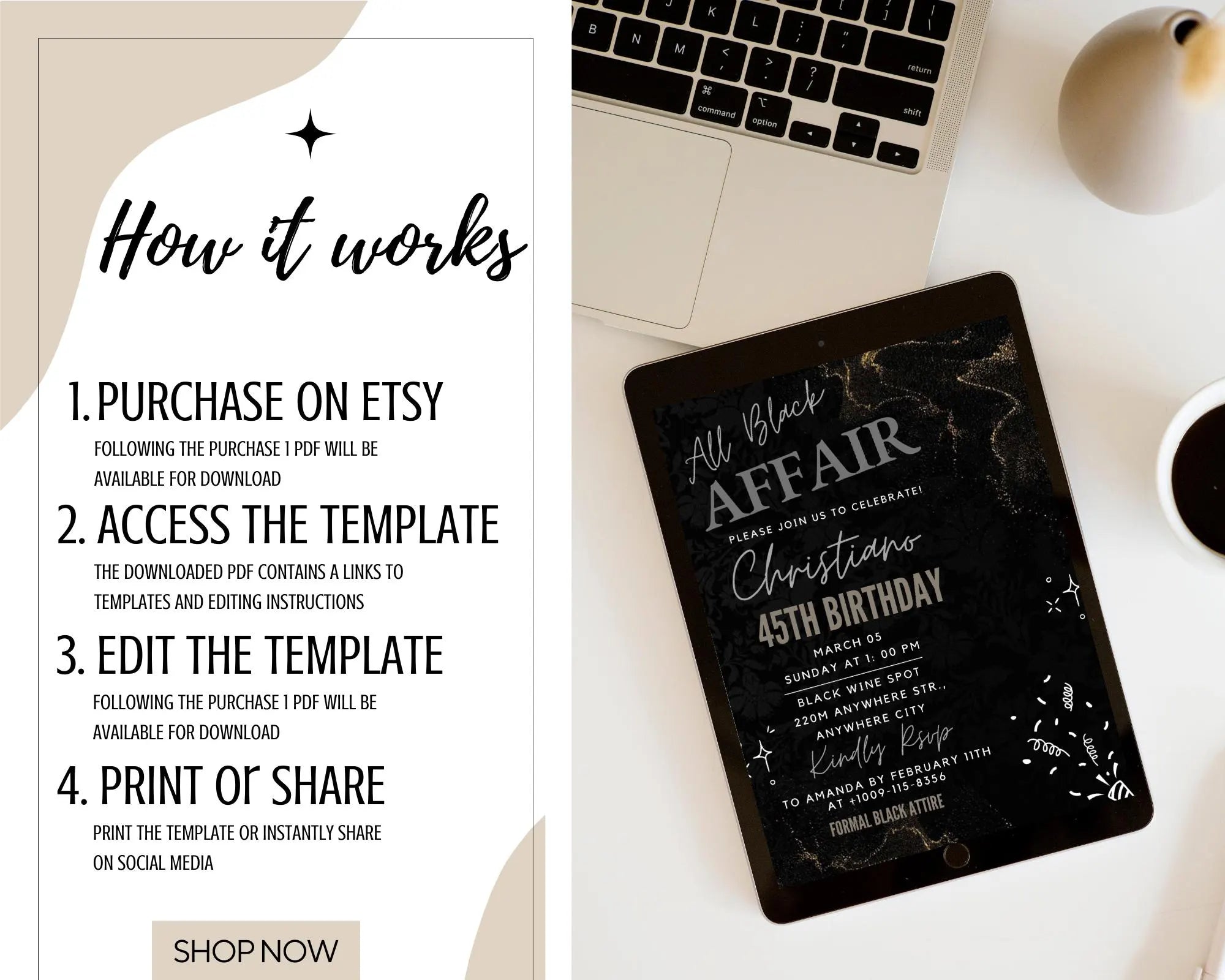 All Black Affair Invitation| All Black Adult Party Invitation|  Black Tie| Formal Attire| Black Minimalist Party Invite| Editable Template