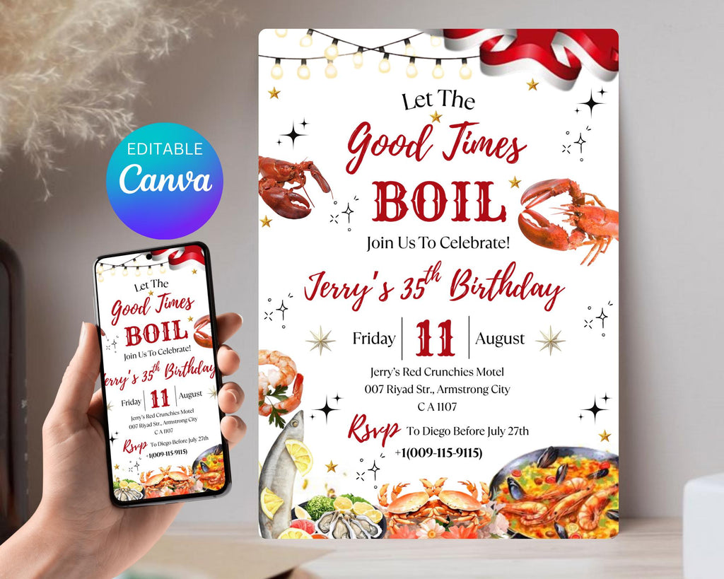 Seafood Birthday Party Invitation| Let's The Good Times Boil Invitation| Shrimp| Crawfish Seafood Boil Party Invitation| Editable Template