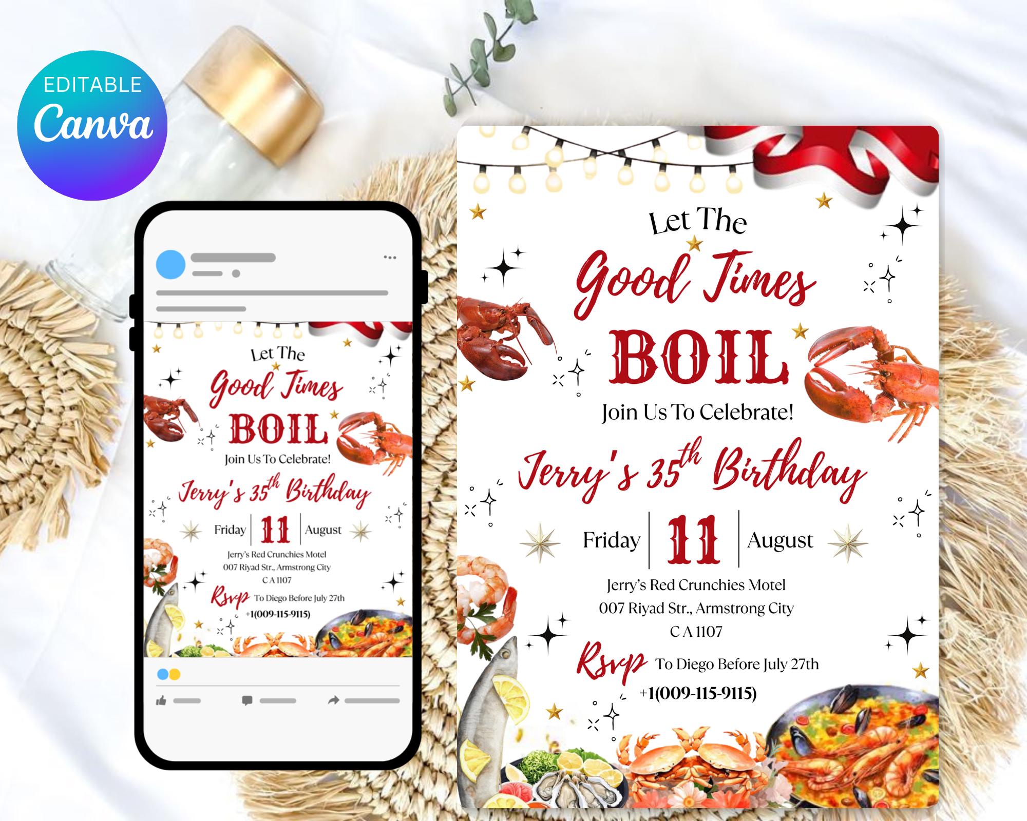 Seafood Birthday Party Invitation| Let's The Good Times Boil Invitation| Shrimp| Crawfish Seafood Boil Party Invitation| Editable Template