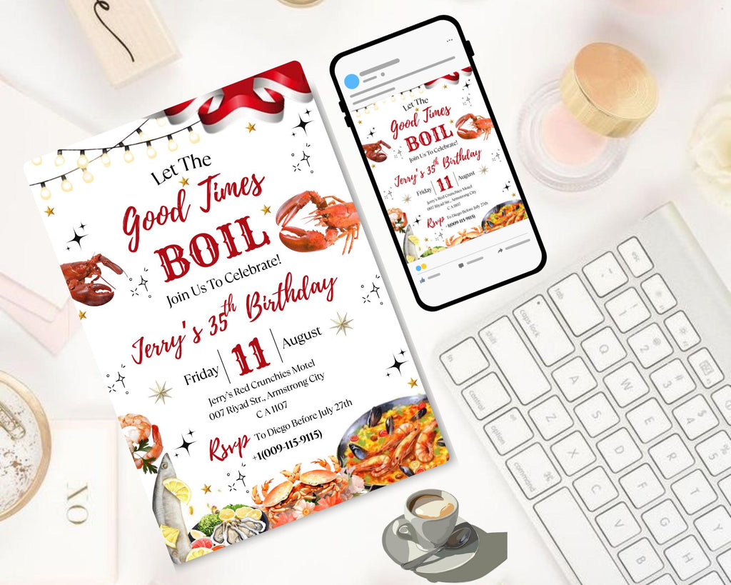 Seafood Birthday Party Invitation| Let's The Good Times Boil Invitation| Shrimp| Crawfish Seafood Boil Party Invitation| Editable Template