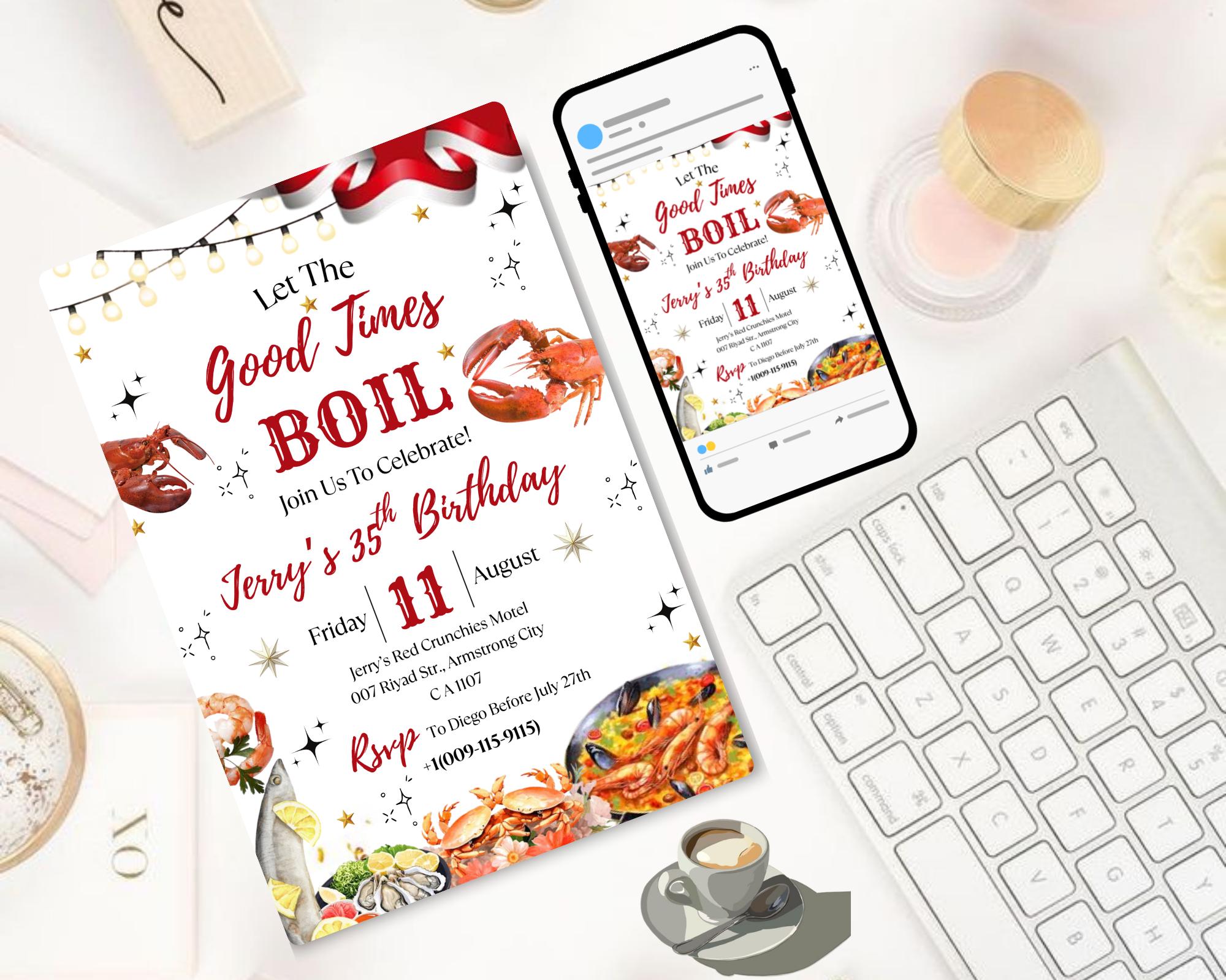 Seafood Birthday Party Invitation| Let's The Good Times Boil Invitation| Shrimp| Crawfish Seafood Boil Party Invitation| Editable Template