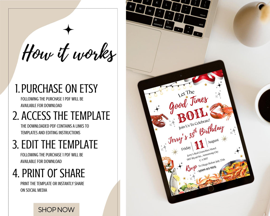 Seafood Birthday Party Invitation| Let's The Good Times Boil Invitation| Shrimp| Crawfish Seafood Boil Party Invitation| Editable Template