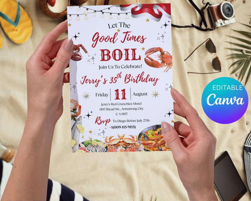 Seafood Birthday Party Invitation| Let's The Good Times Boil Invitation| Shrimp| Crawfish Seafood Boil Party Invitation| Editable Template
