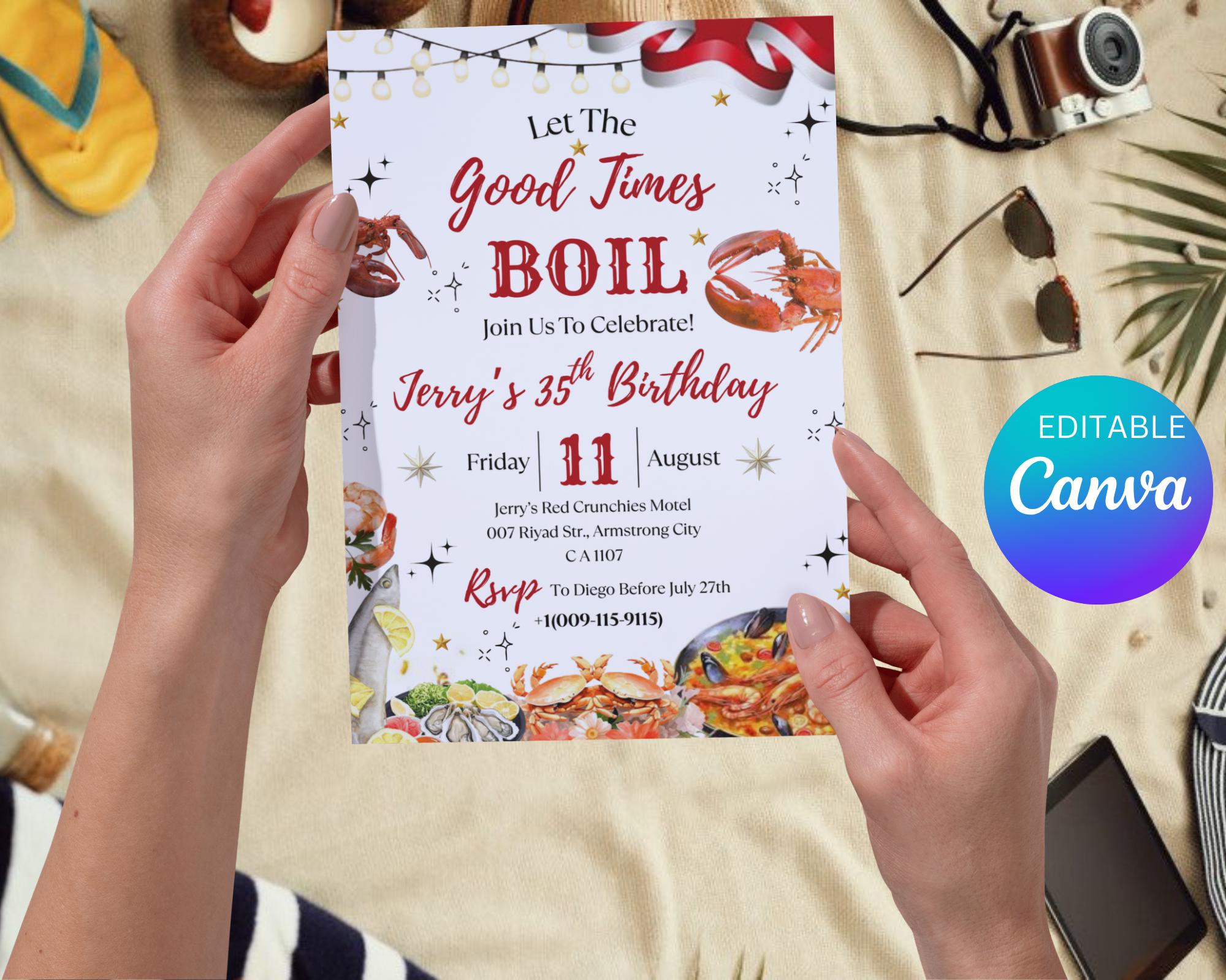 Seafood Birthday Party Invitation| Let's The Good Times Boil Invitation| Shrimp| Crawfish Seafood Boil Party Invitation| Editable Template