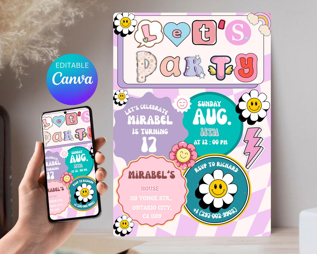 Preppy Smile Face Birthday Invite| Editable Groovy Retro birthday| Teen Party & Tween Birthday Evite| Girl Birthday Emoji| Editable Template