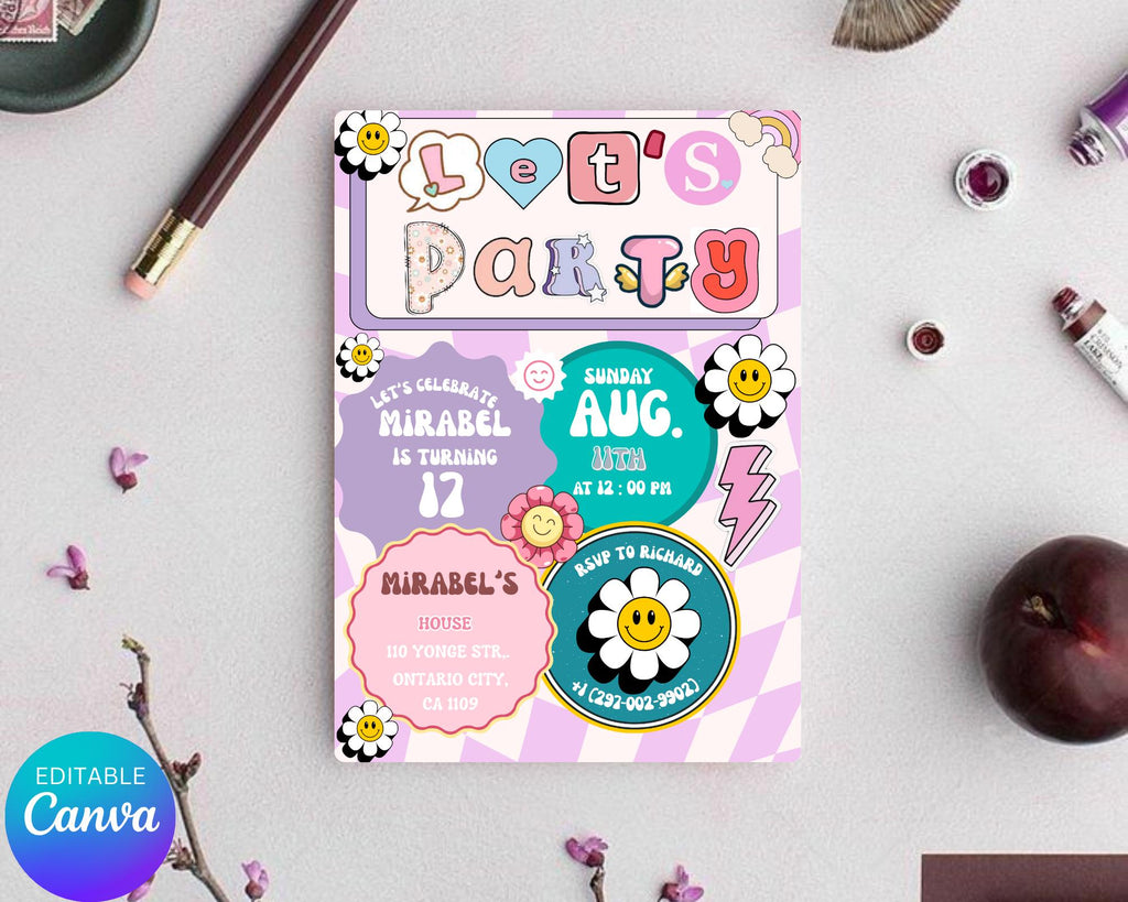 Preppy Smile Face Birthday Invite| Editable Groovy Retro birthday| Teen Party & Tween Birthday Evite| Girl Birthday Emoji| Editable Template