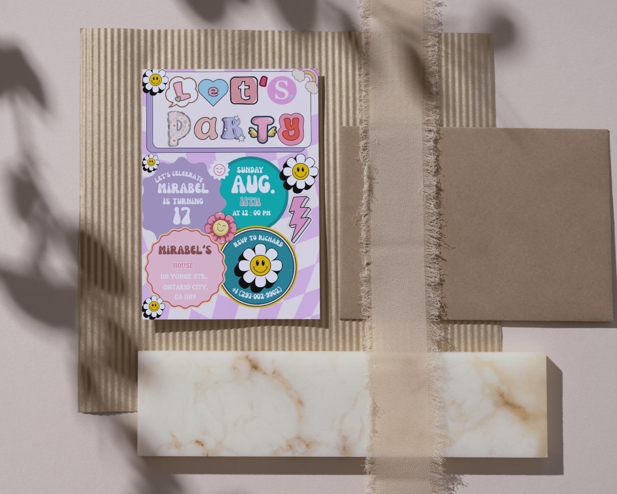 Preppy Smile Face Birthday Invite| Editable Groovy Retro birthday| Teen Party & Tween Birthday Evite| Girl Birthday Emoji| Editable Template