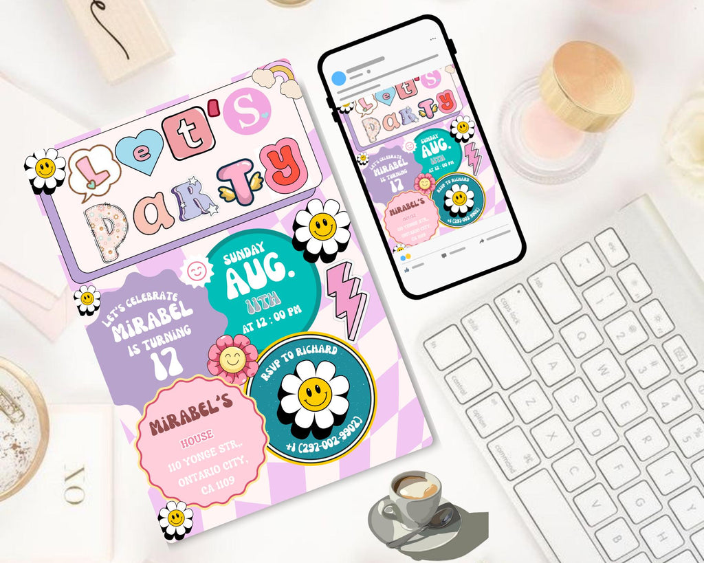 Preppy Smile Face Birthday Invite| Editable Groovy Retro birthday| Teen Party & Tween Birthday Evite| Girl Birthday Emoji| Editable Template