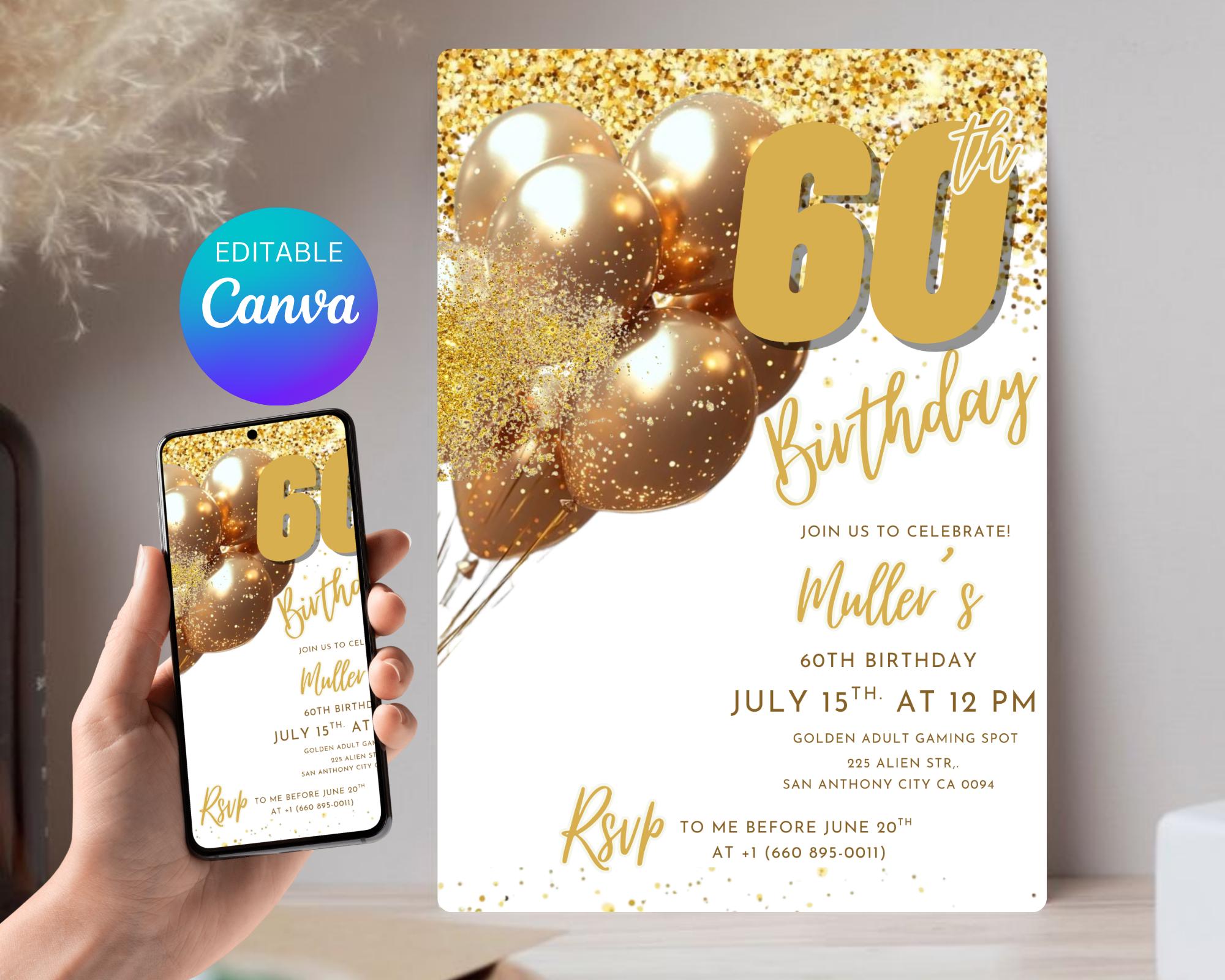 Digital 60th Birthday Invitation For Man| Editable 60th Invitation| Virtual Gold Champagne Sixty Party Invitation For Him| Editable Template