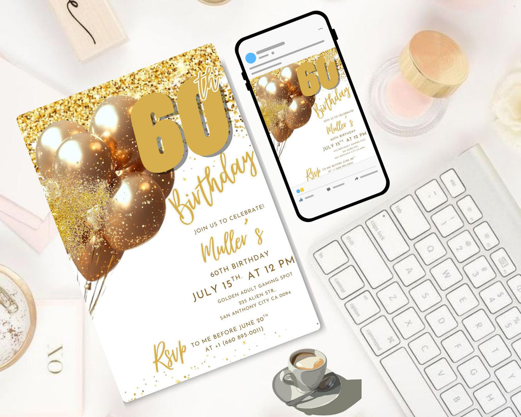 Digital 60th Birthday Invitation For Man| Editable 60th Invitation| Virtual Gold Champagne Sixty Party Invitation For Him| Editable Template