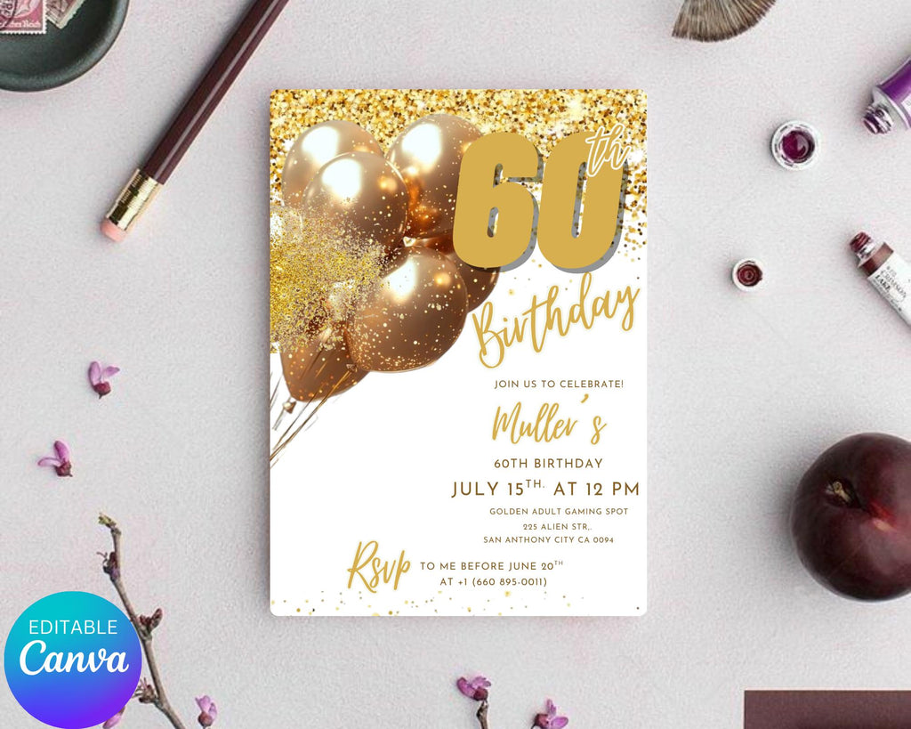 Digital 60th Birthday Invitation For Man| Editable 60th Invitation| Virtual Gold Champagne Sixty Party Invitation For Him| Editable Template