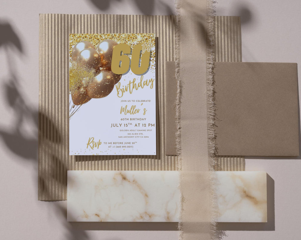 Digital 60th Birthday Invitation For Man| Editable 60th Invitation| Virtual Gold Champagne Sixty Party Invitation For Him| Editable Template