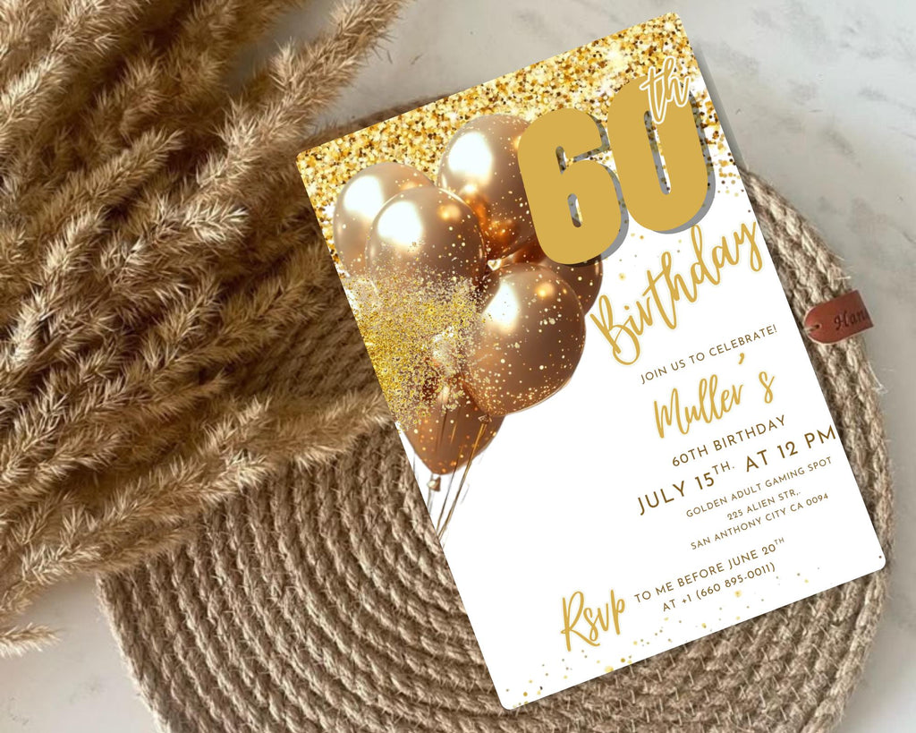 Digital 60th Birthday Invitation For Man| Editable 60th Invitation| Virtual Gold Champagne Sixty Party Invitation For Him| Editable Template
