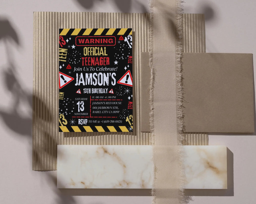 Warning Official Teenager 13th Birthday Invitation| Teenager 13th Invitation| Editable Boy Teenager 13th Birthday Invites| Editable Template