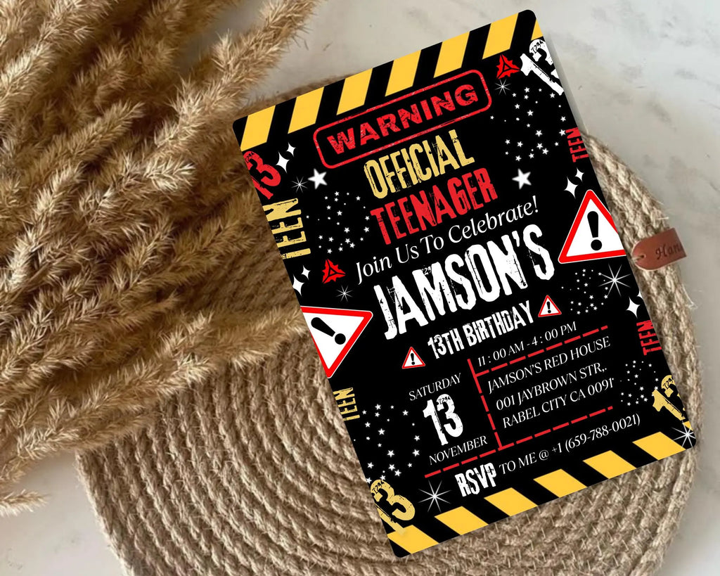 Warning Official Teenager 13th Birthday Invitation| Teenager 13th Invitation| Editable Boy Teenager 13th Birthday Invites| Editable Template