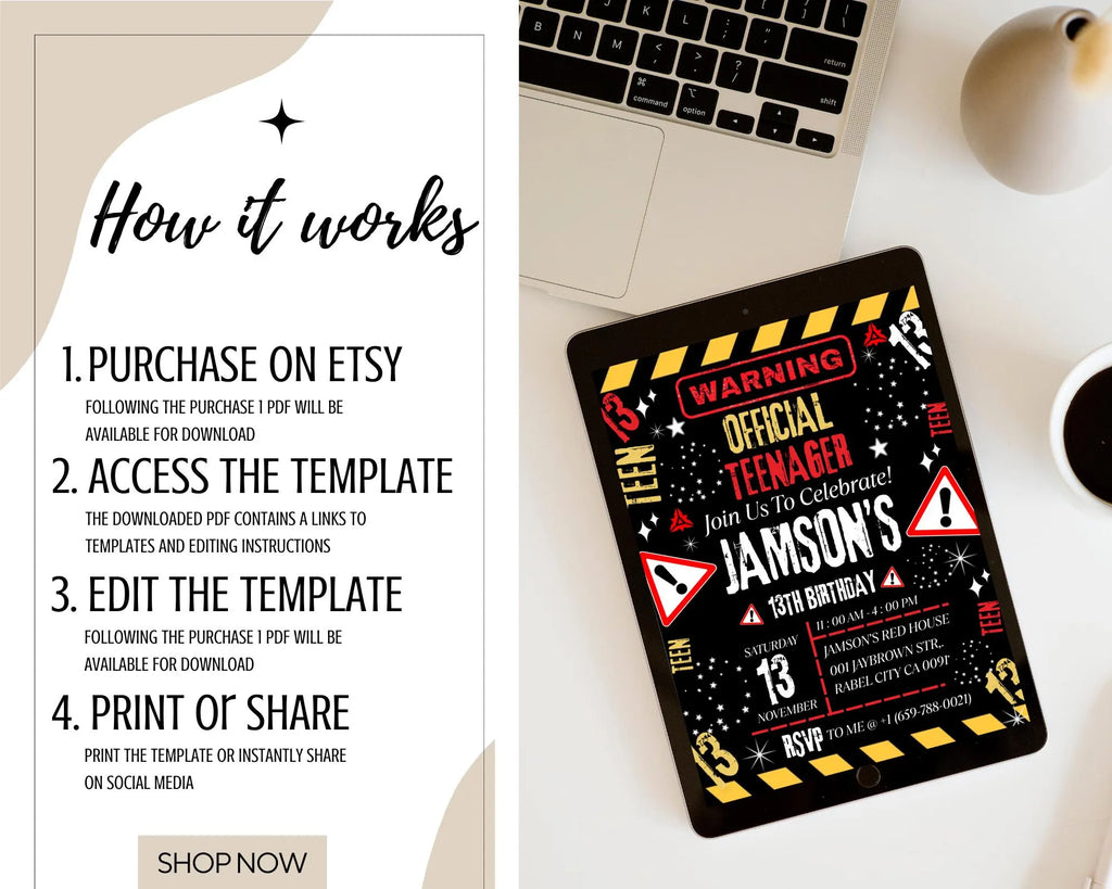 Warning Official Teenager 13th Birthday Invitation| Teenager 13th Invitation| Editable Boy Teenager 13th Birthday Invites| Editable Template