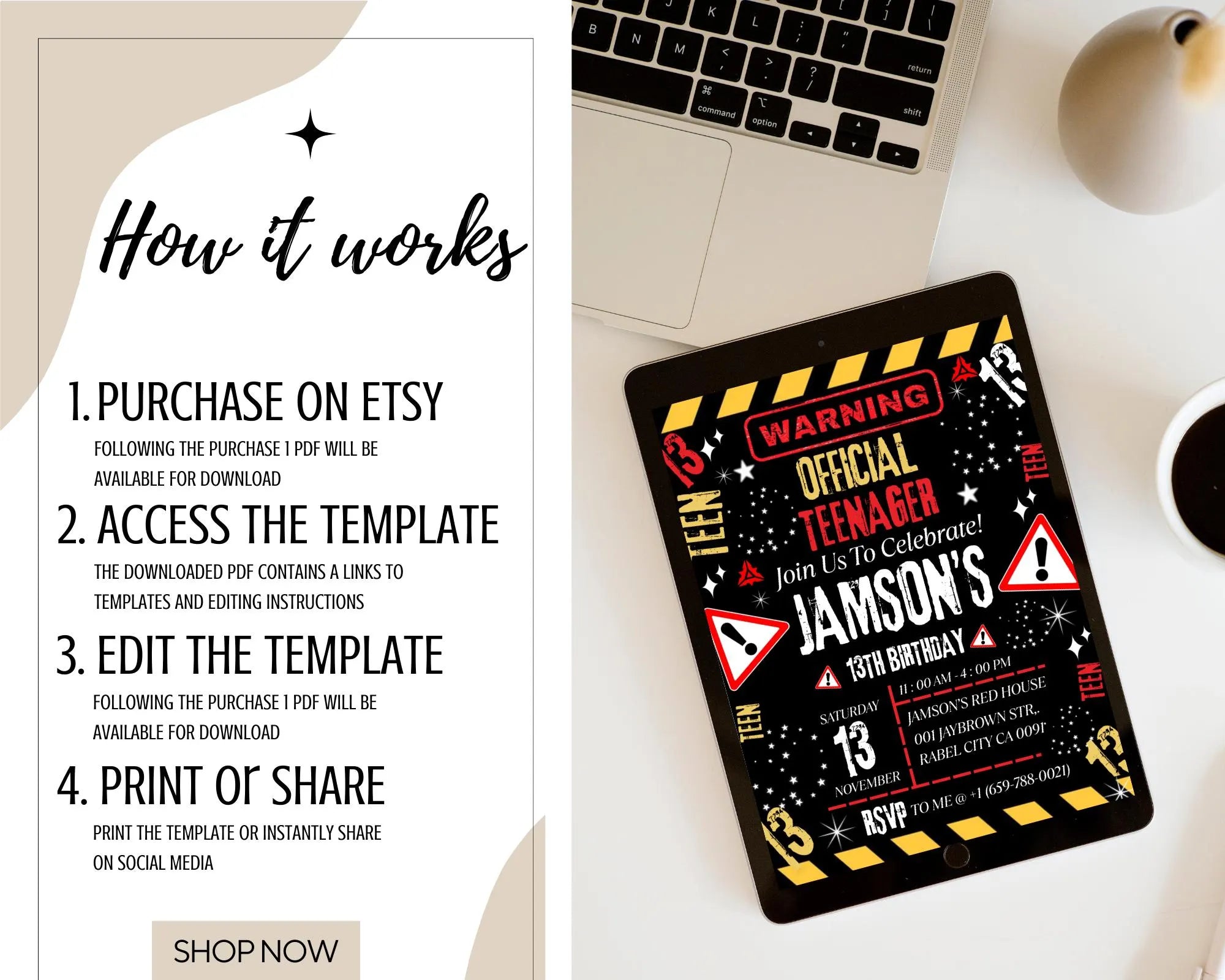 Warning Official Teenager 13th Birthday Invitation| Teenager 13th Invitation| Editable Boy Teenager 13th Birthday Invites| Editable Template