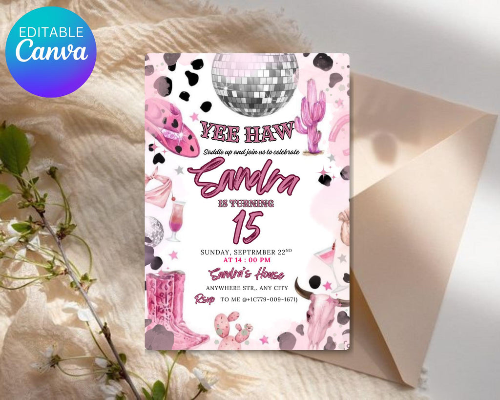 Pink Cowgirl Birthday Party Invitation| Yee Haw Cowgirl Party Rodeo Birthday| Cowgirl Birthday Invitation| Cowgirl Party| Editable Template