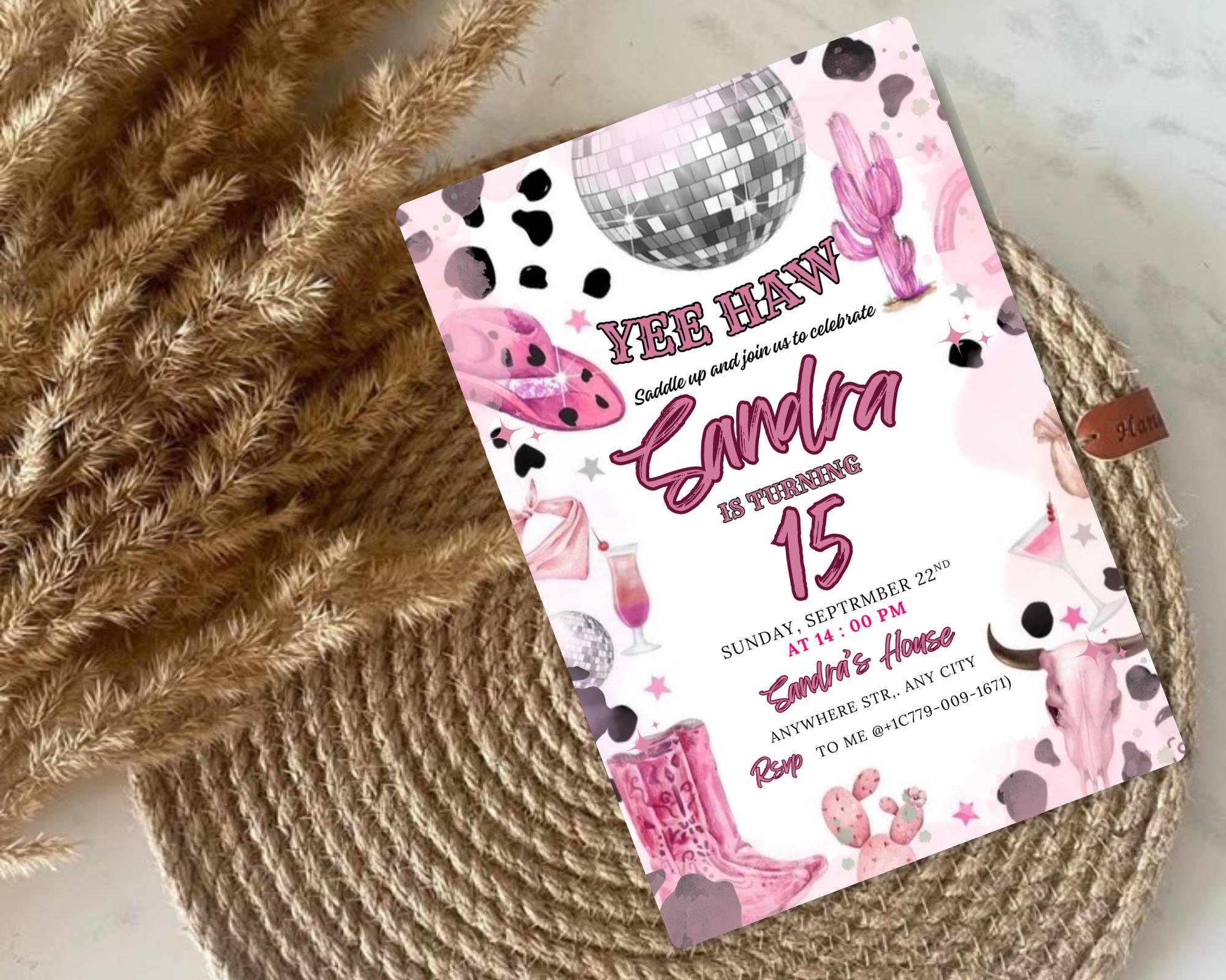 Pink Cowgirl Birthday Party Invitation| Yee Haw Cowgirl Party Rodeo Birthday| Cowgirl Birthday Invitation| Cowgirl Party| Editable Template