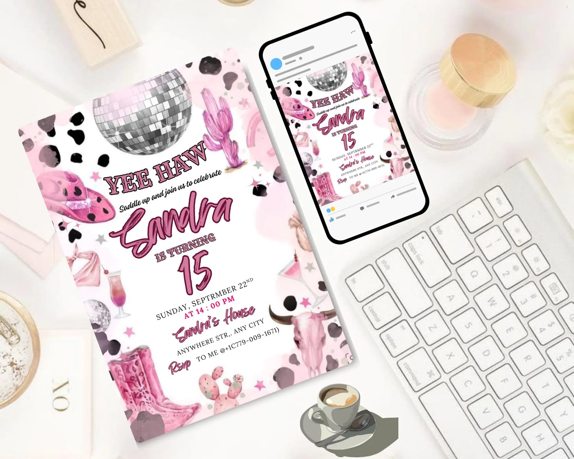 Pink Cowgirl Birthday Party Invitation| Yee Haw Cowgirl Party Rodeo Birthday| Cowgirl Birthday Invitation| Cowgirl Party| Editable Template