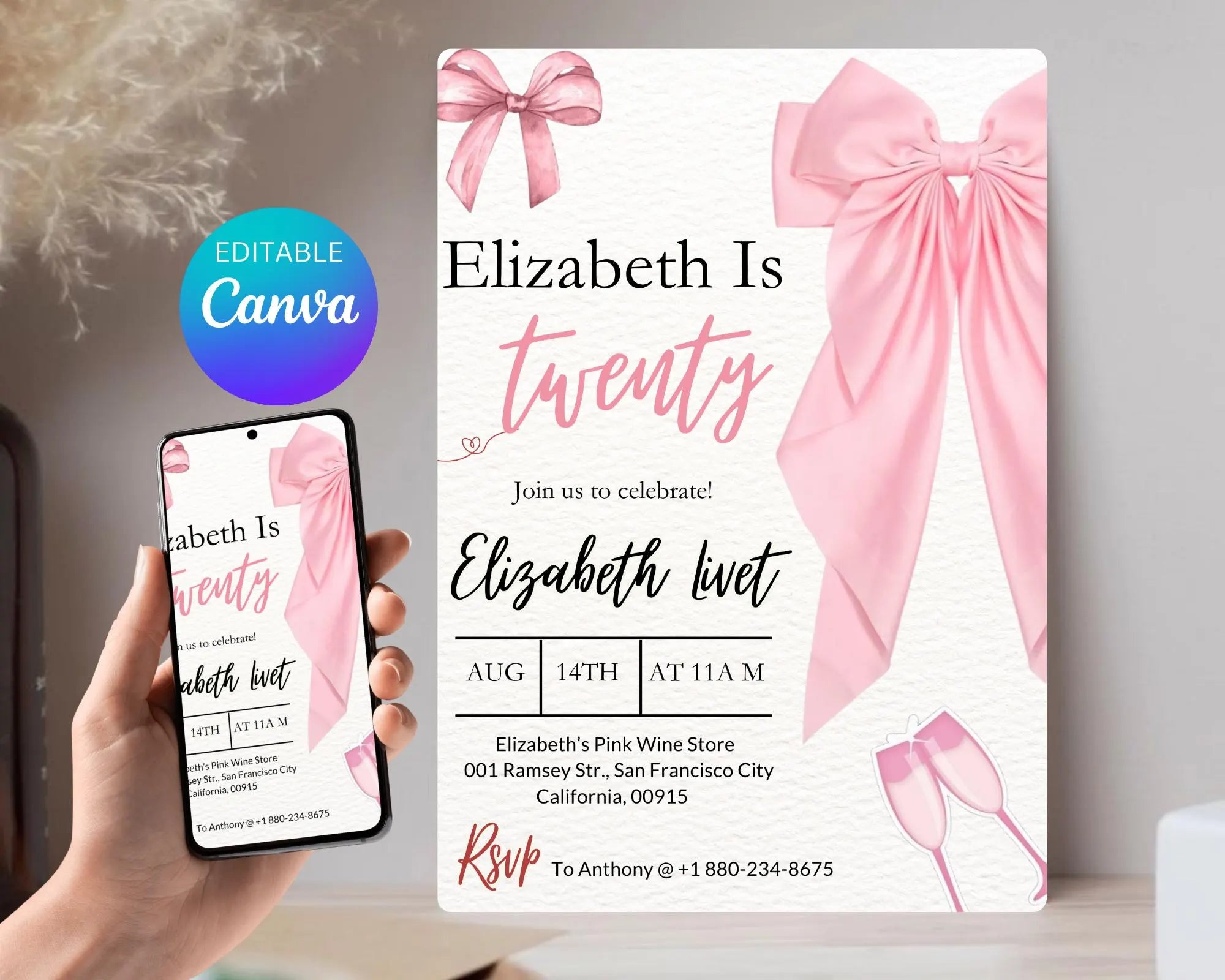 Tween Pink Bow 13th Birthday |  Coquette 13th Birthday Invitation | Pink Bow Template | PinkBow Editable Digital Invite |  Editable Template