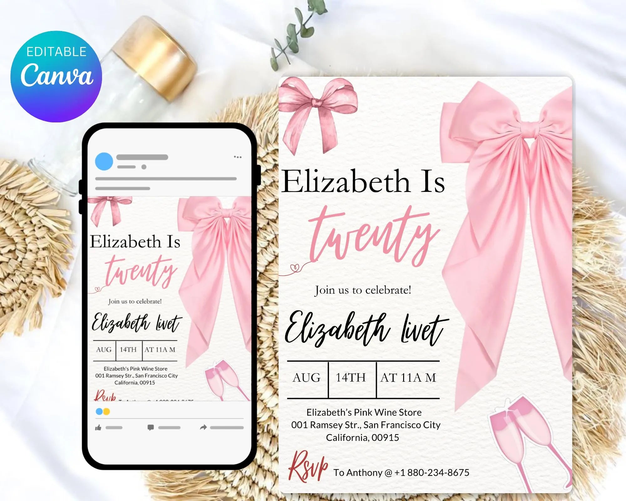 Tween Pink Bow 13th Birthday |  Coquette 13th Birthday Invitation | Pink Bow Template | PinkBow Editable Digital Invite |  Editable Template